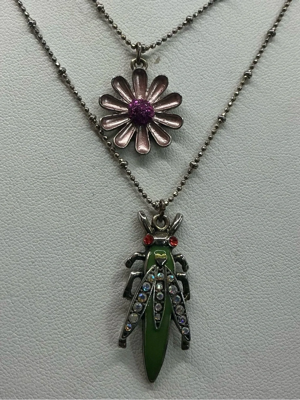 VINTAGE BETSEY JOHNSON ENAMEL DAISY AND BEETLE BUG DOUBLE STRAND NECKLACE